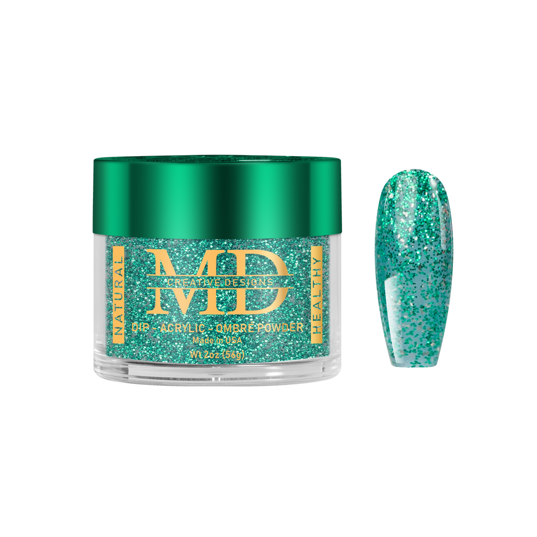 Green glittery nail powder in a jar with a matching nail tip color swatch on a white background