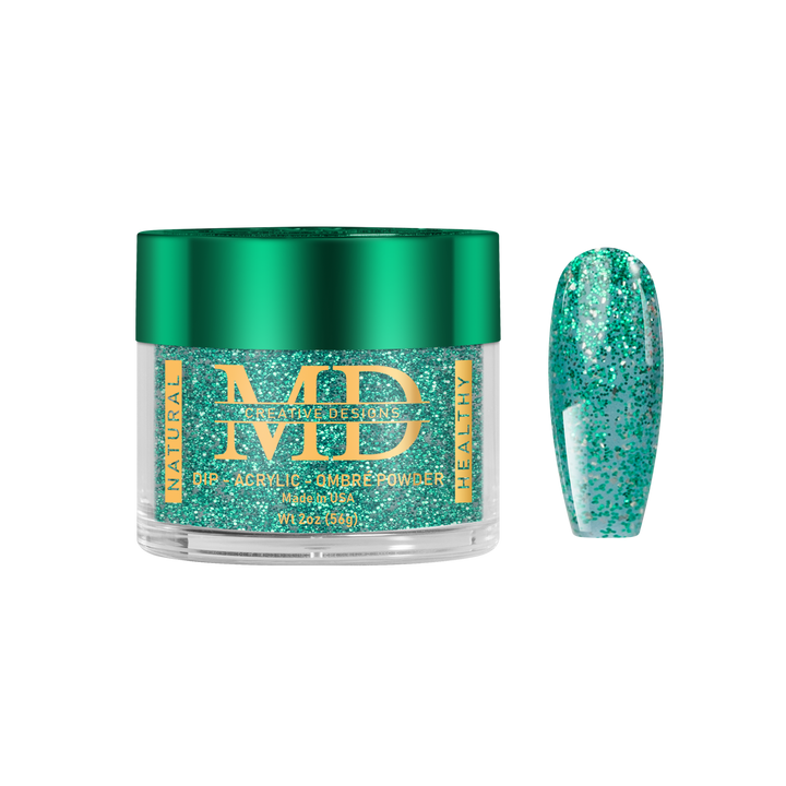 Green glittery nail powder in a jar with a matching nail tip color swatch on a white background