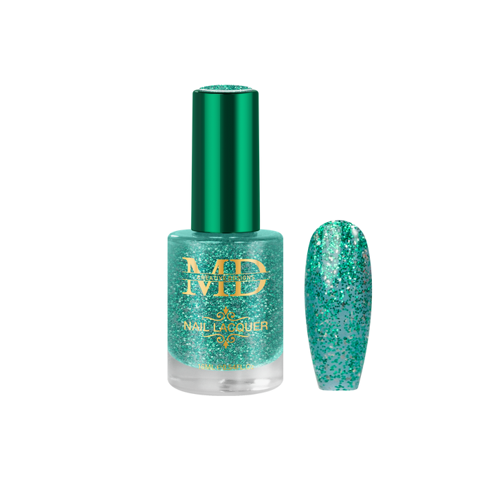 Green glitter nail polish bottle with a matching nail tip color swatch on a white background