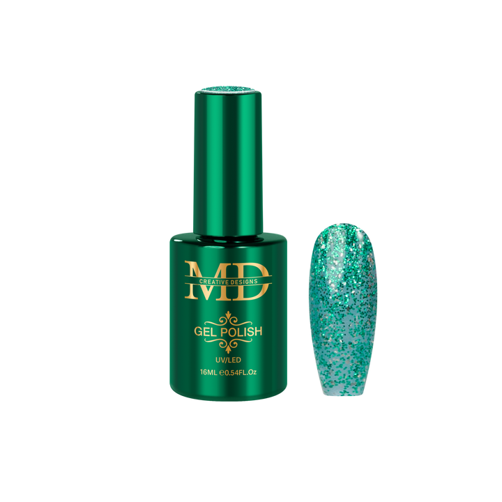 Green gel polish bottle with a matching nail tip color swatch on a white background