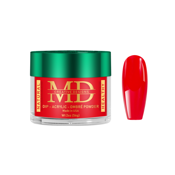 Jar of MD nail powder with a red nail tip color swatch on a white background
