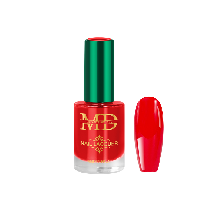 Red nail polish bottle with green cap on a white background