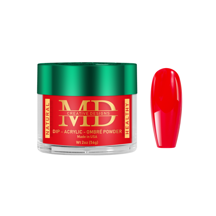 Red nail powder in a green container with a matching red nail tip on a white background