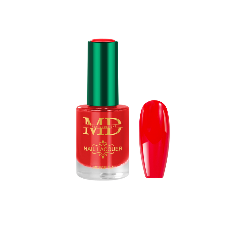 Red nail polish bottle with green cap on a white background