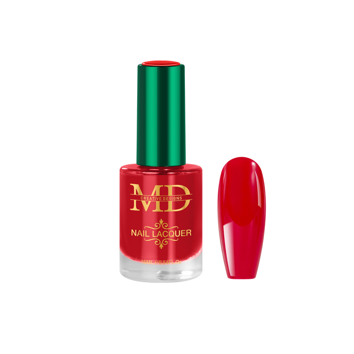 Red nail polish bottle with green cap on a white background