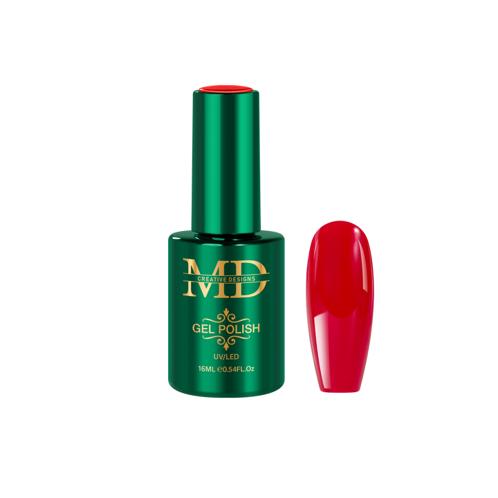 Green gel polish bottle with red nail tip color swatch on a white background