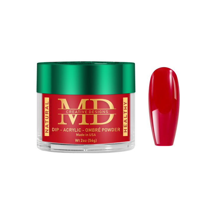 Jar of MD nail powder with a red nail tip color swatch on a white background