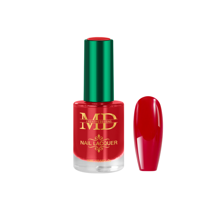Red nail polish bottle with green cap on a white background