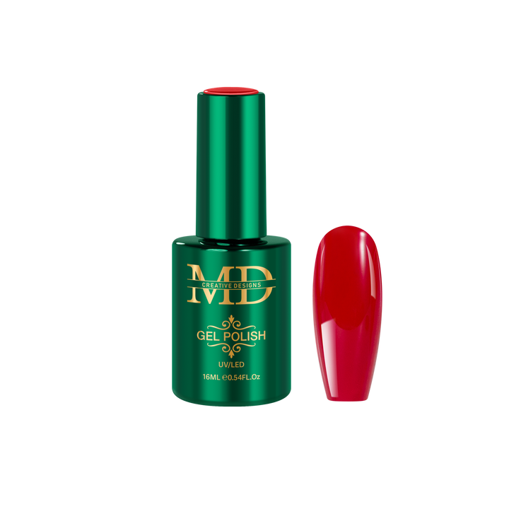 Green gel polish bottle with red nail tip color swatch on a white background