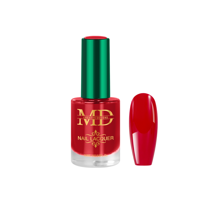 Red nail polish bottle with green cap on a white background