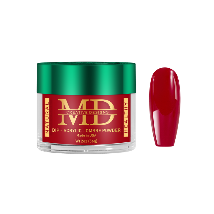 Jar of MD nail powder with a red nail tip color swatch on a white background