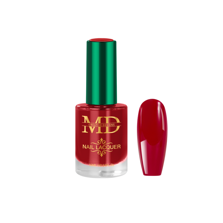 Red nail polish bottle with green cap on a white background
