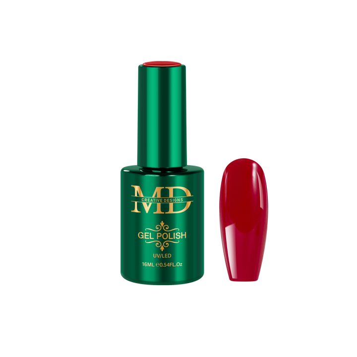 Green gel polish bottle with red nail tip color swatch on a white background