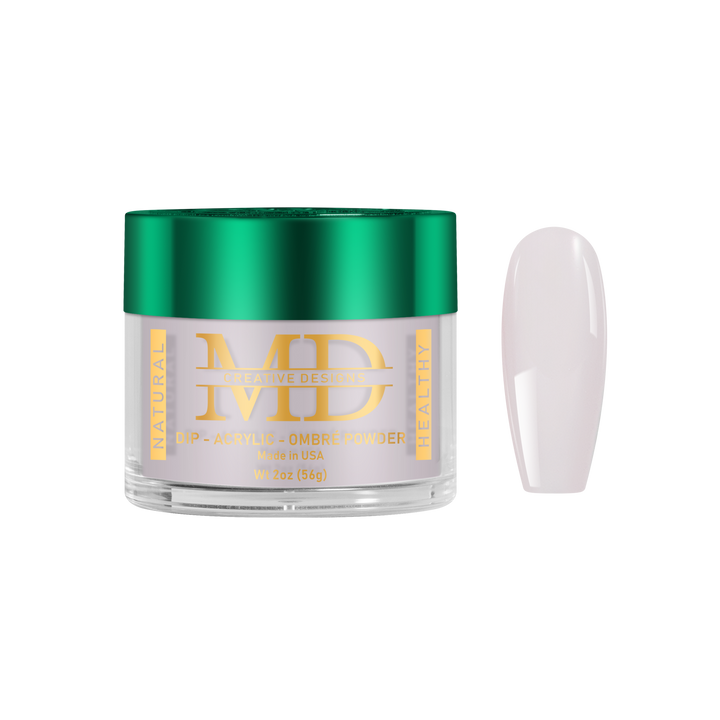 Jar of MD powder with a green lid and gold text on a white background