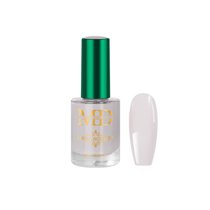 Nail polish bottle with green cap and gold text on a white background