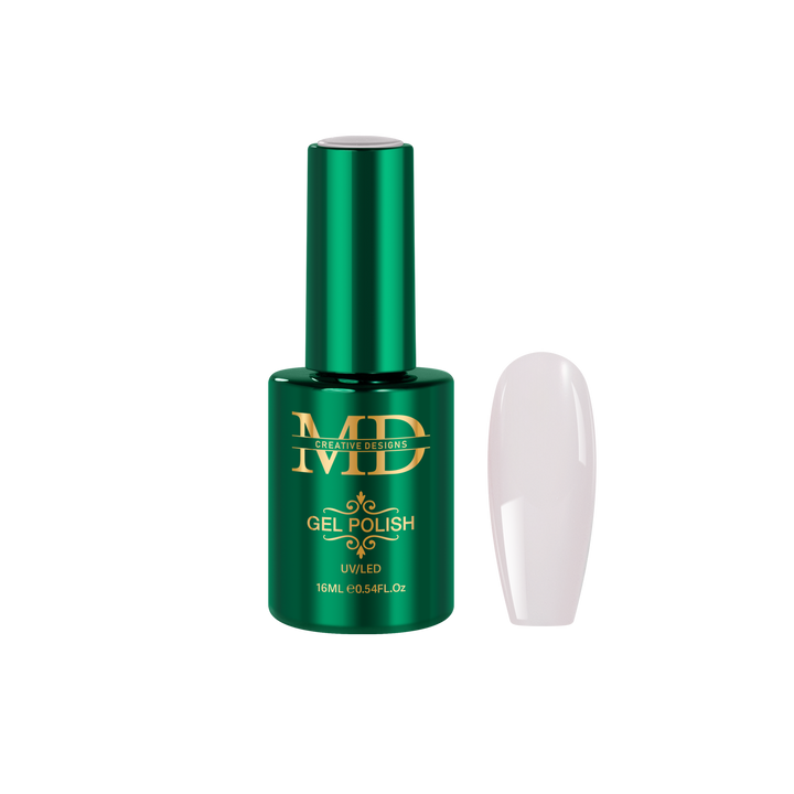 Green gel polish bottle with a white nail tip color swatch on a white background