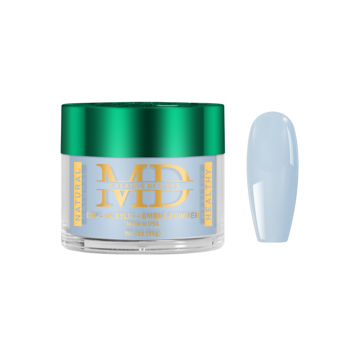 Jar of MD nail powder with a light blue nail tip color swatch on a white background