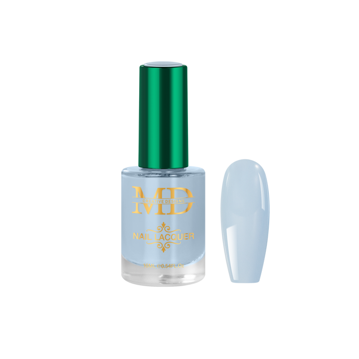 Nail polish bottle with green cap and gold text on a white background