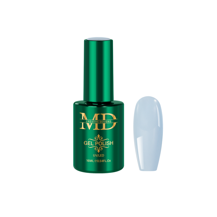 Green gel polish bottle with a nail tip color swatch on a white background