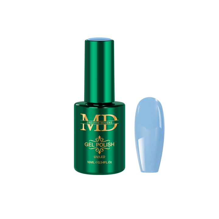 Green gel polish bottle with a matching nail tip color swatch on a white background