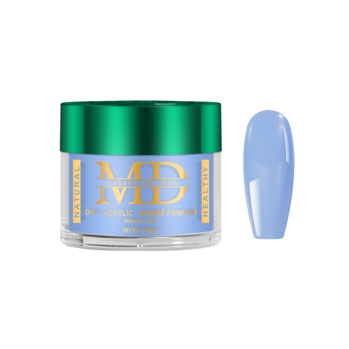 Jar of MD nail powder with a blue nail tip color swatch on a white background