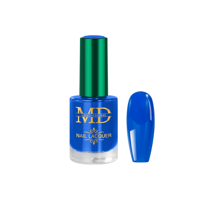 Blue nail polish bottle with green cap on a white background