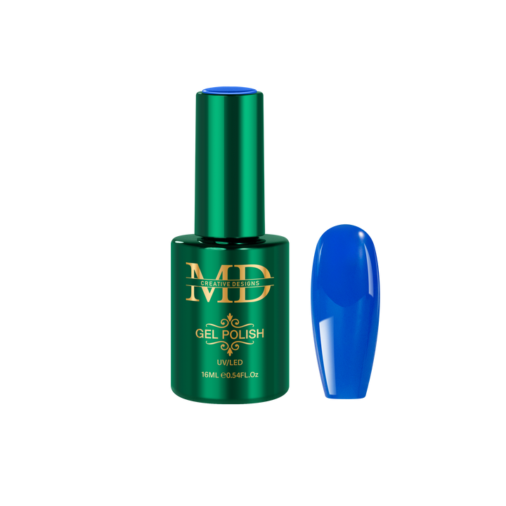 Green gel polish bottle with a blue nail tip color swatch on a white background