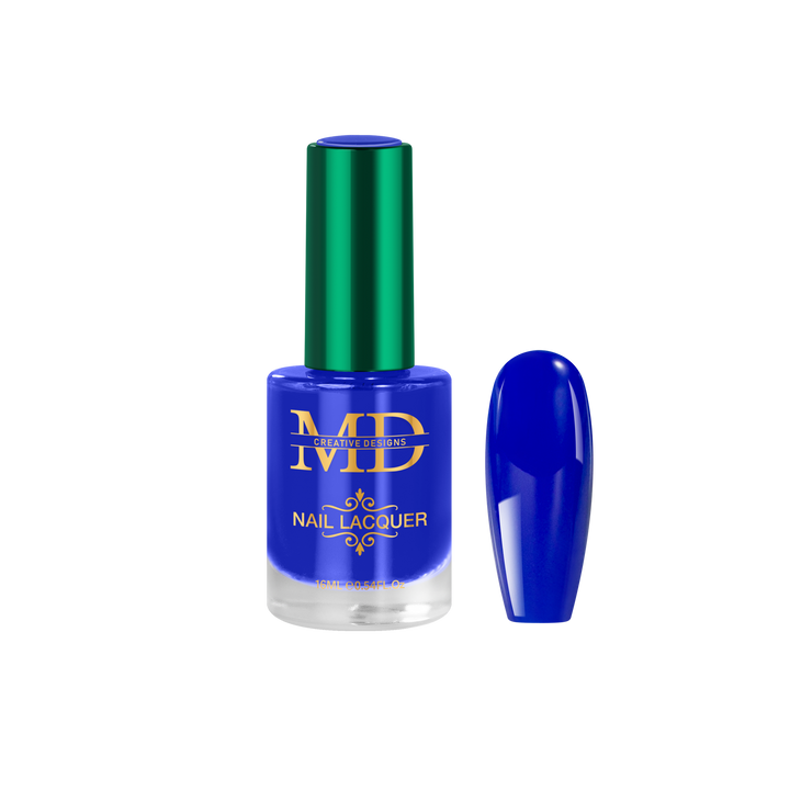 Blue nail polish bottle with green cap on a white background