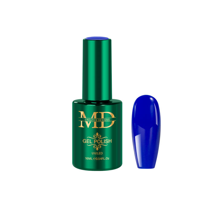 Green gel polish bottle with a blue nail tip color swatch on a white background