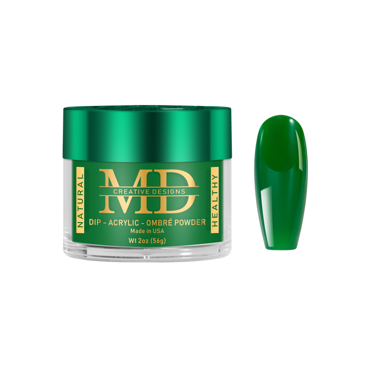 Green nail powder container with a matching green nail tip color swatch on a white background
