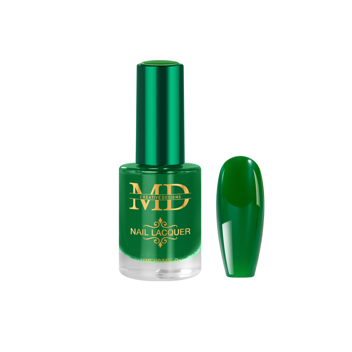Green nail polish bottle with a matching nail tip color swatch on a white background