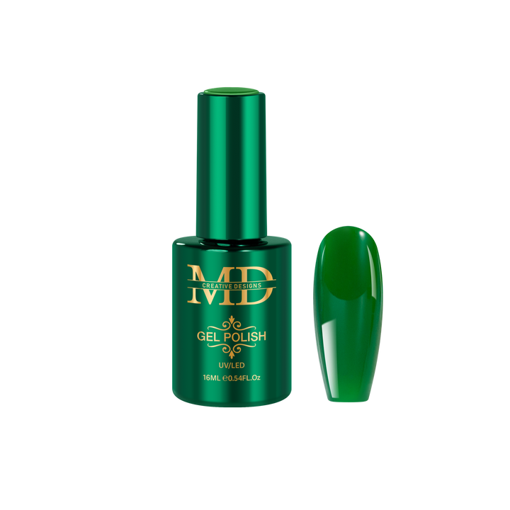 Green gel polish bottle with a matching nail tip color swatch on a white background