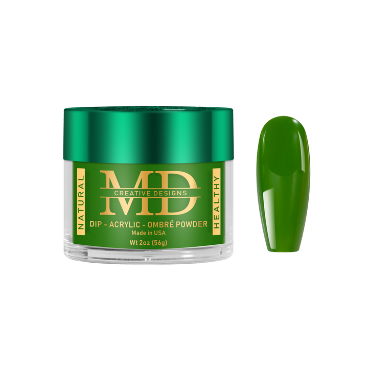 Green nail powder in a jar with a matching green nail tip on a white background