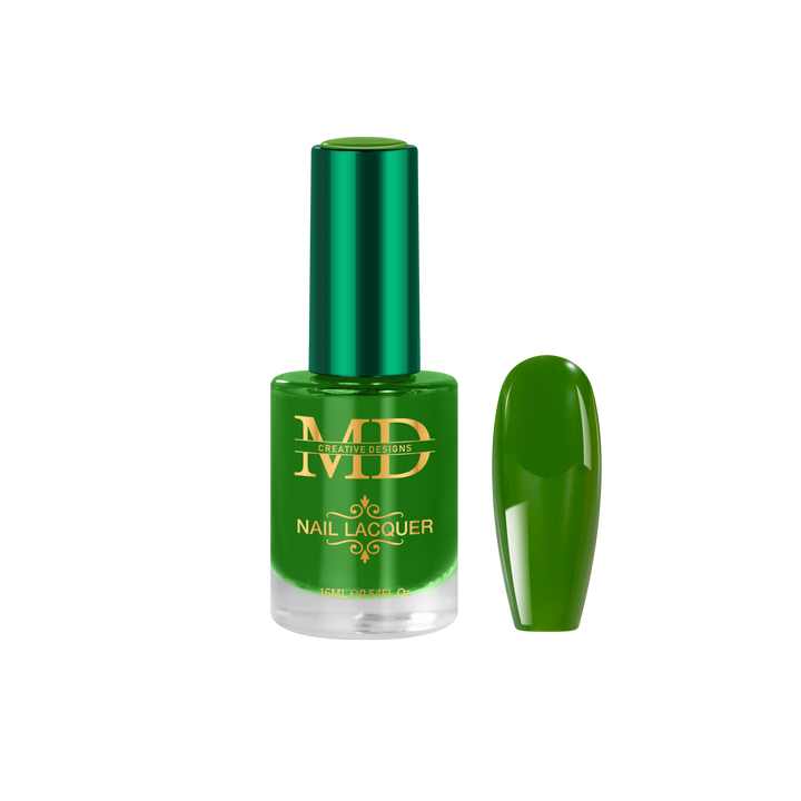 Green nail polish bottle with a matching green nail tip color swatch on a white background