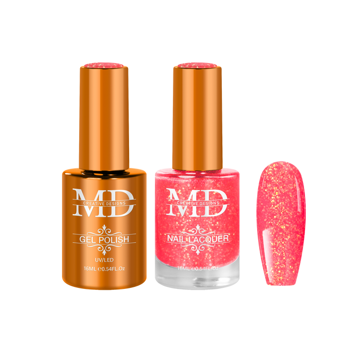 Two bottles of nail polish with a pink glittery nail tip swatch on a white background