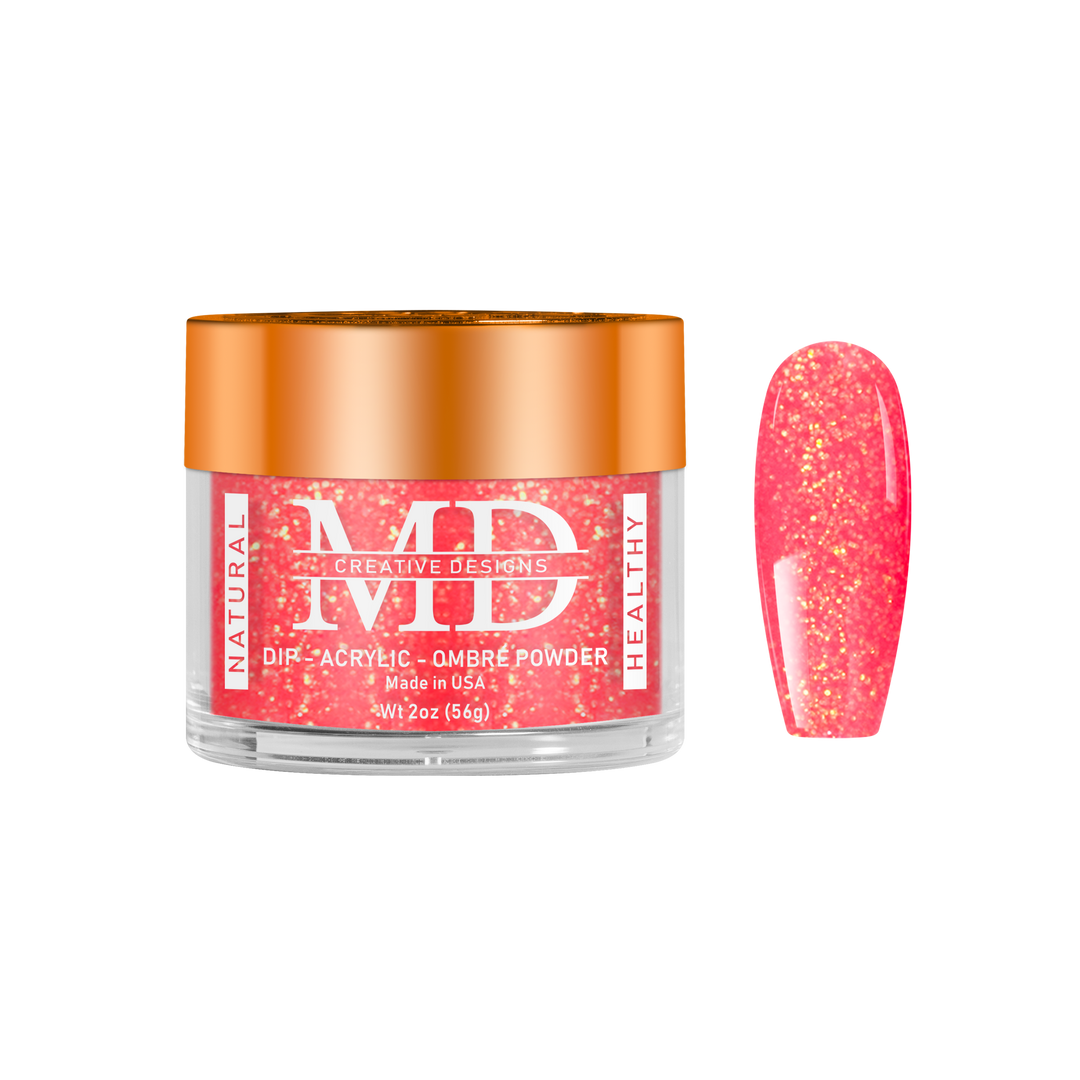 Jar of MD nail powder with a pink glittery nail tip swatch on a white background