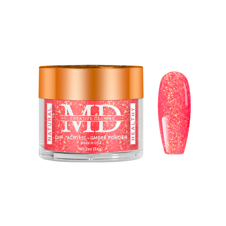 Jar of MD nail powder with a pink glittery nail tip swatch on a white background