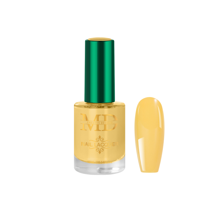 Yellow nail polish bottle with green cap on a white background