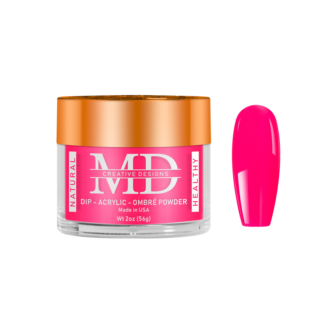 Jar of MD nail powder with a pink nail tip swatch on a white background