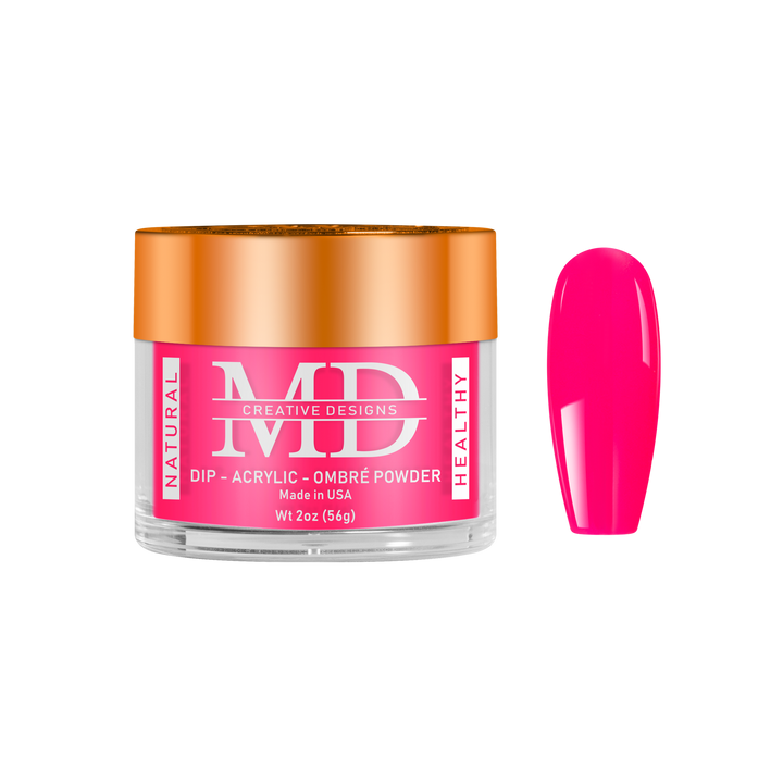 Jar of MD nail powder with a pink nail tip swatch on a white background
