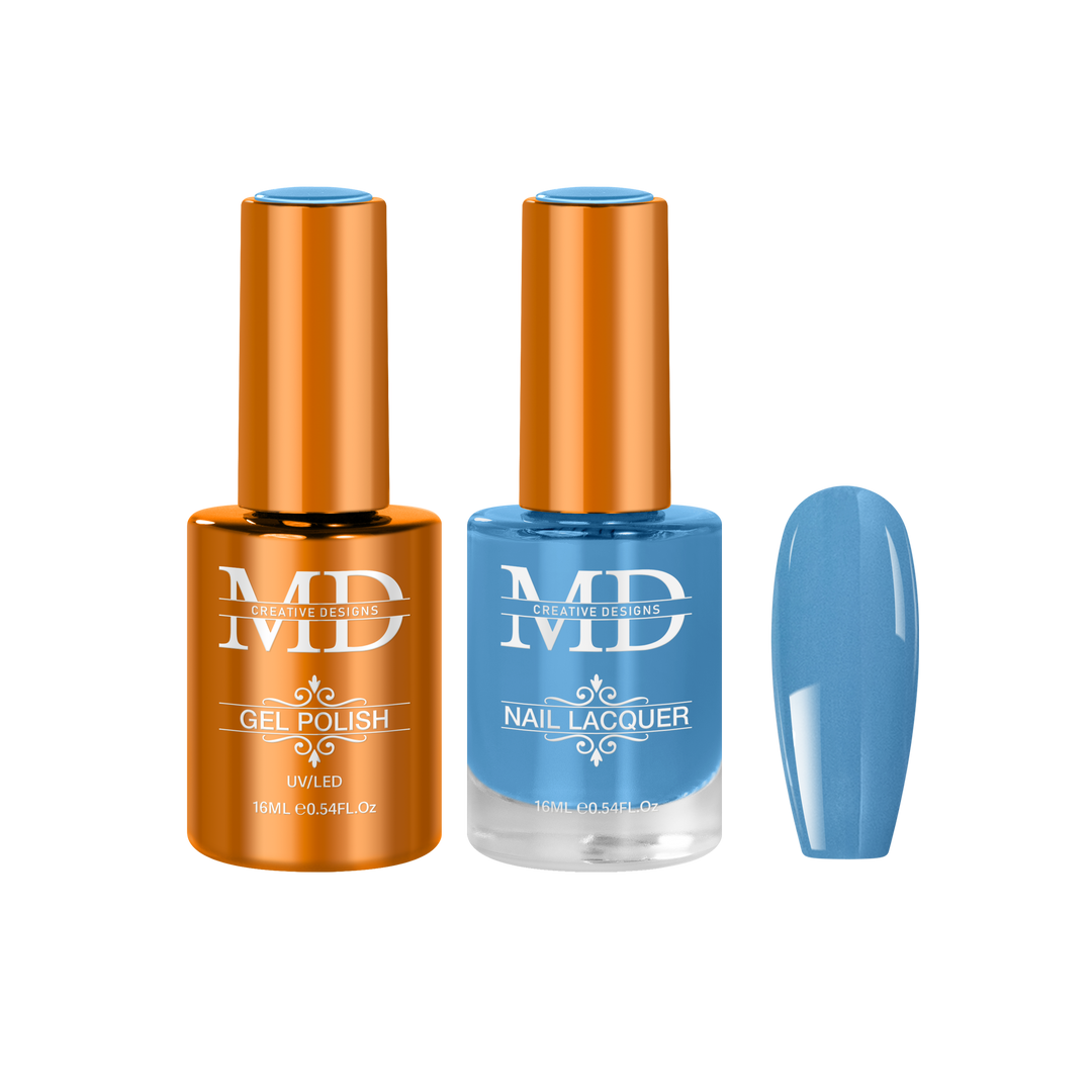Two bottles of nail polish with a blue nail tip swatch on a white background.