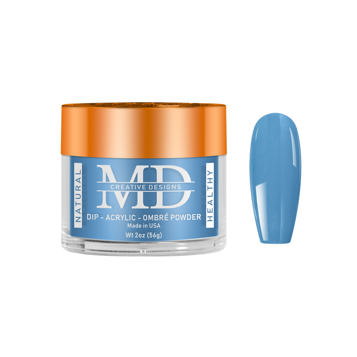 Jar of MD nail powder with a blue nail color swatch on a white background