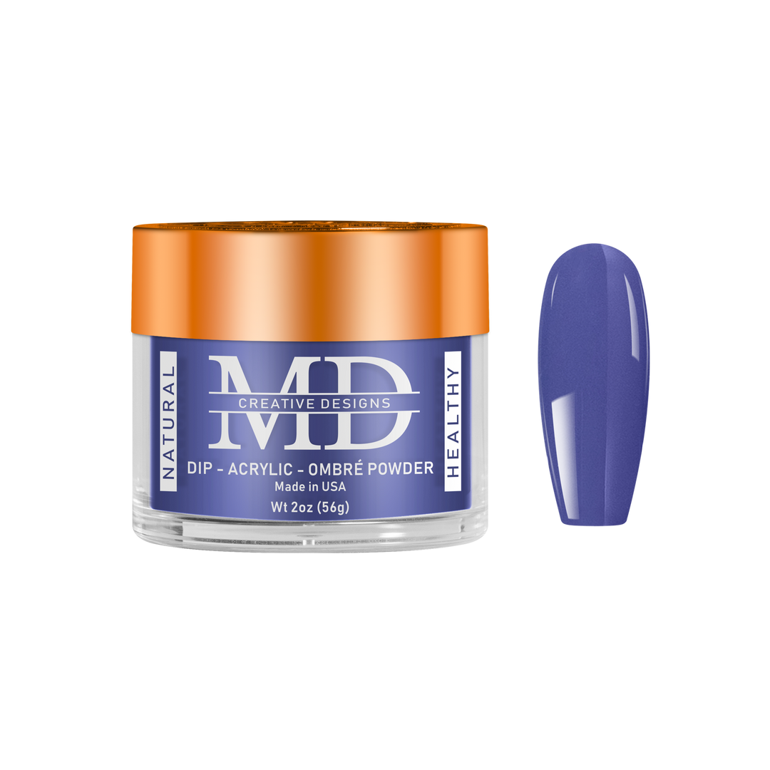 Jar of MD Dip Acrylic Ombre Powder with a purple powder nail tip swatch on a white background