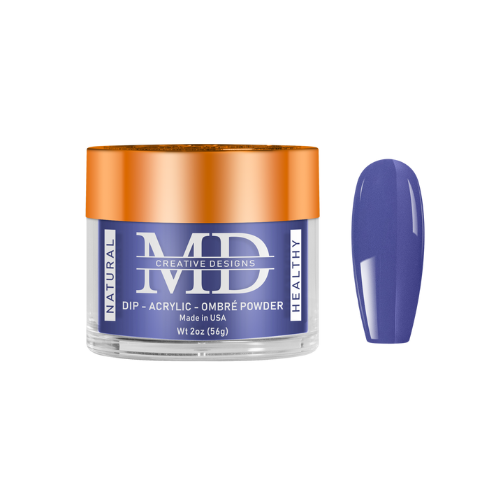 Jar of MD Dip Acrylic Ombre Powder with a purple powder nail tip swatch on a white background