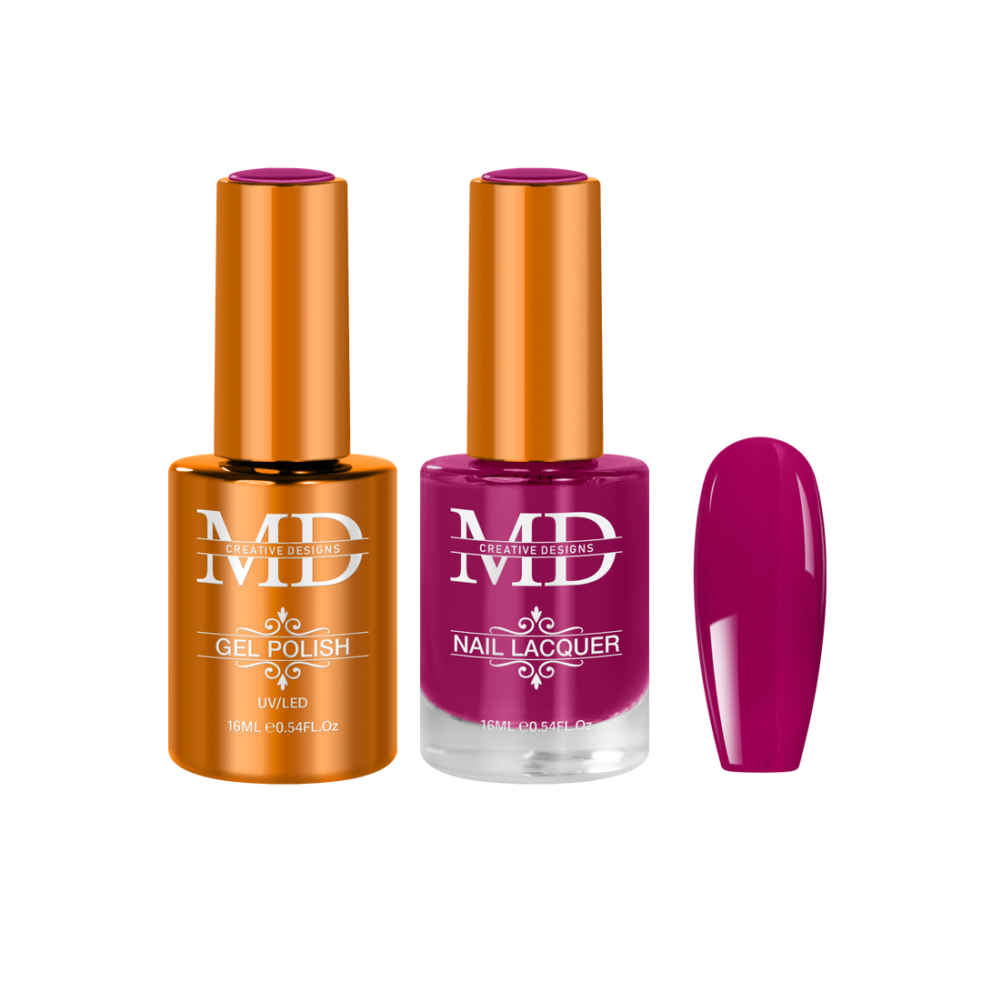 Two nail polish bottles with a purple nail tip swatch on a white background
