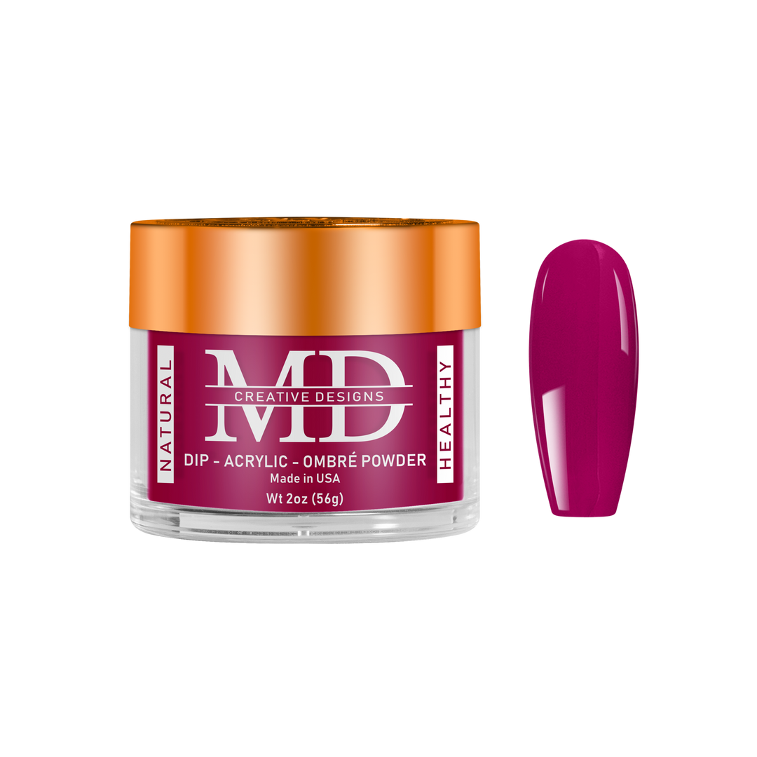 Jar of MD nail powder with a purple nail tip swatch on a white background