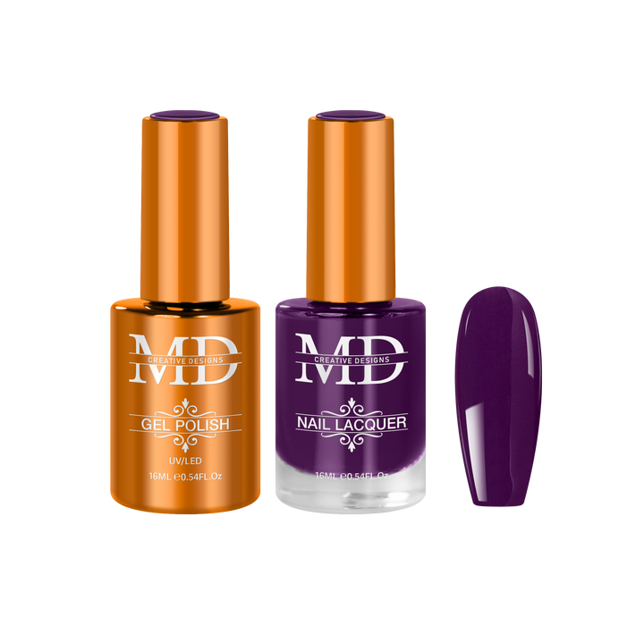 Two nail polish bottles with a small purple nail tip swatch on a white background.