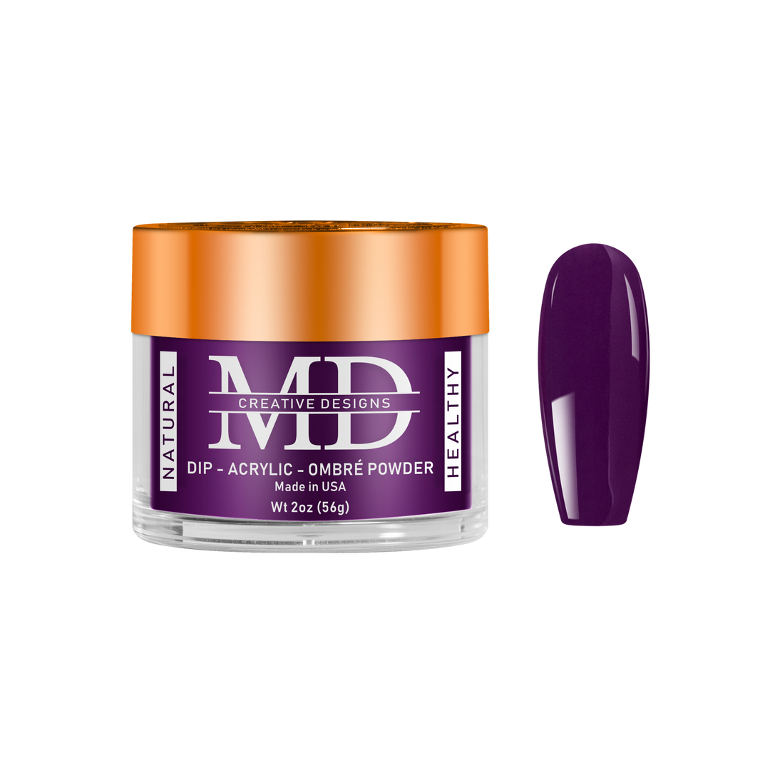Purple powder container with orange lid and a matching purple nail tip swatch on a white background