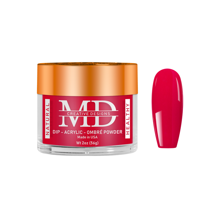 Jar of MD nail powder with a red nail tip swatch on a white background