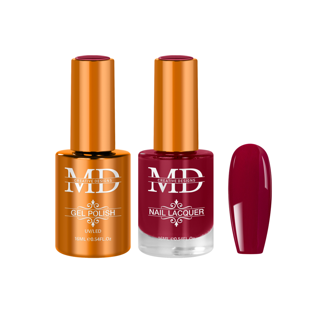 Two nail polish bottles with a maroon nail tip swatch on a white background